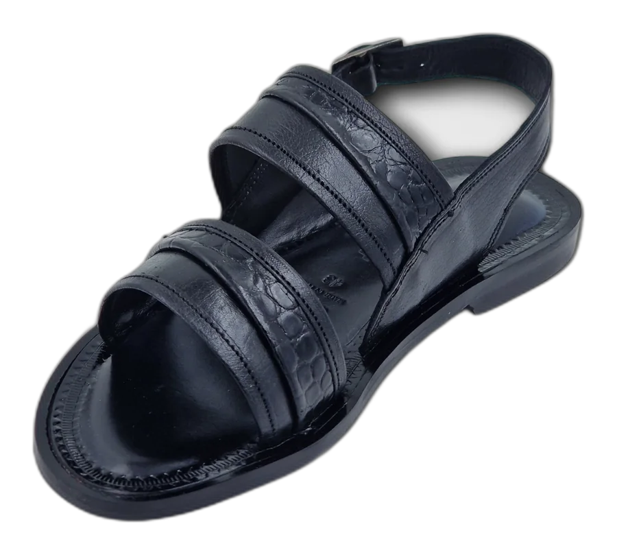 Black Capri Embossed Multi-Strap Sandals
