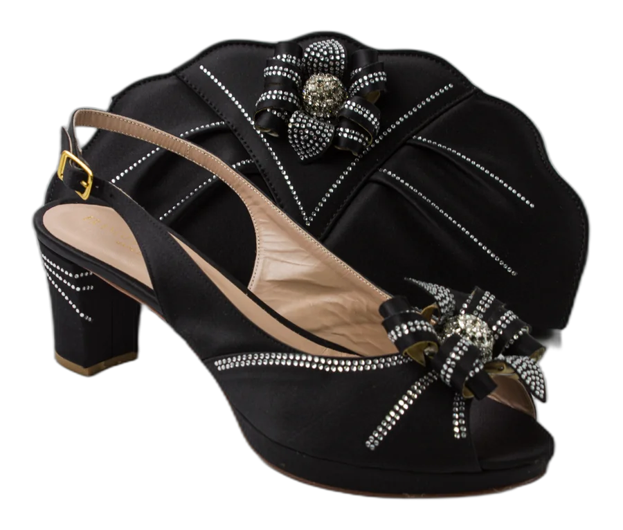 Black Flower Stoned Italian Shoe and Bag Set