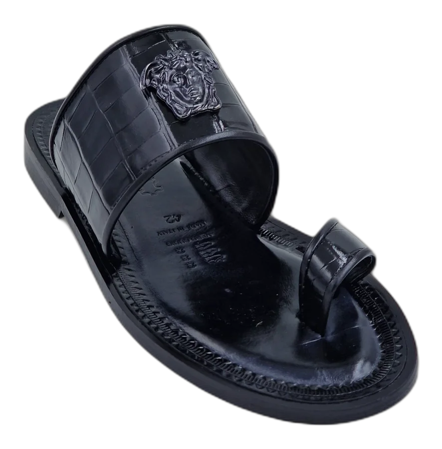 Black Venezia Medusa Croc Toe-Post Slipper