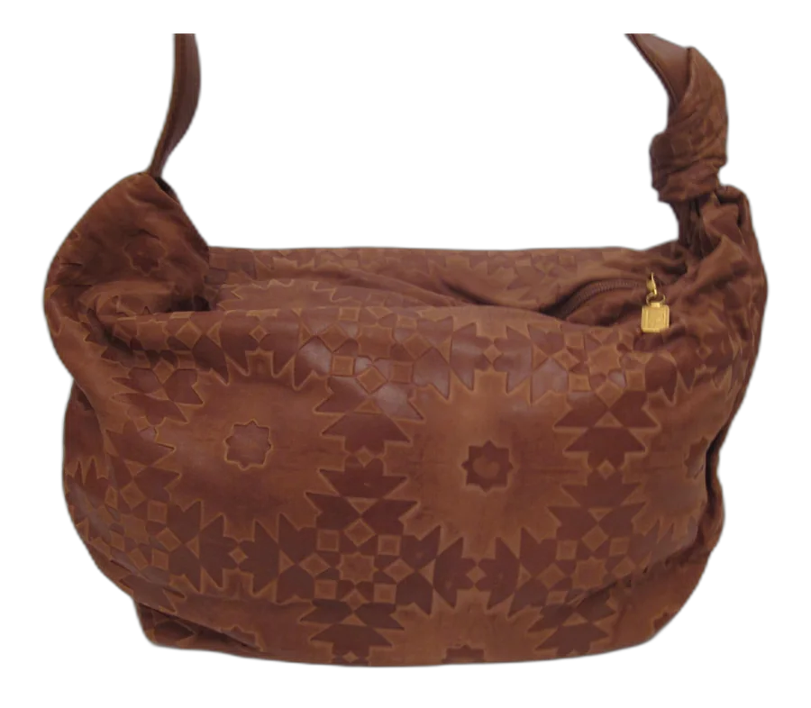 Brown Patterned Leather Hobo Shoulder Bag