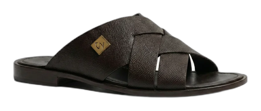 Brown Saffiano Criss-Cross Slides