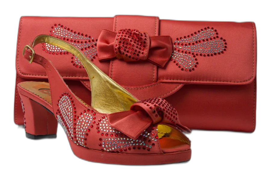 Coral Ribbon Low Heel Shoe and Bag Set