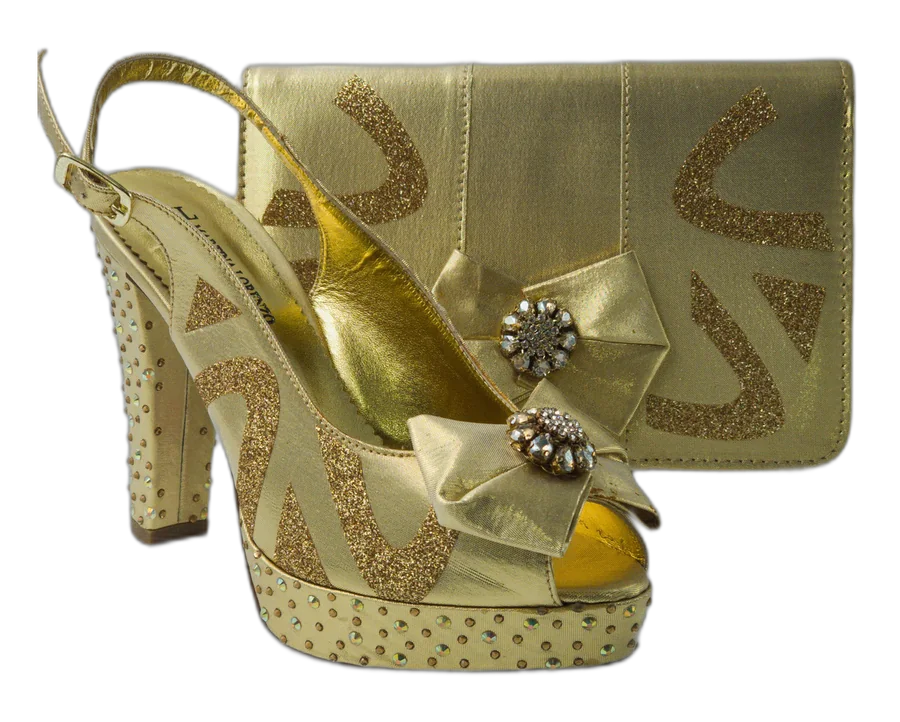 Gold Glitter Bedazzled Italian Shoe and Bag Set