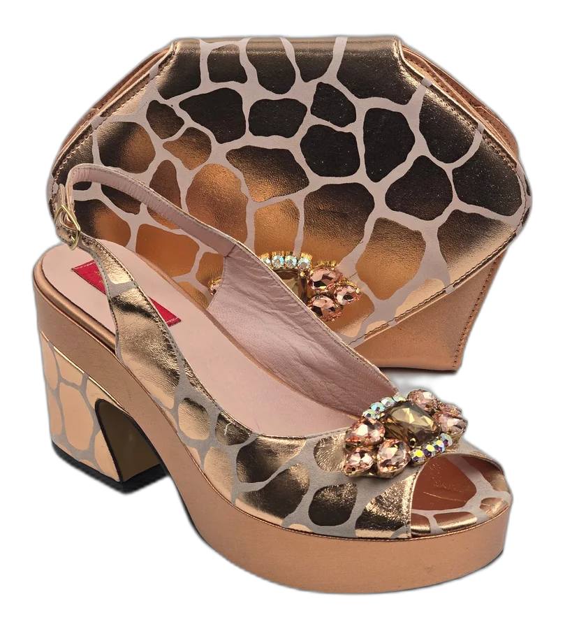 Rose Gold Webbed Low Wedge Shoe and Bag Set