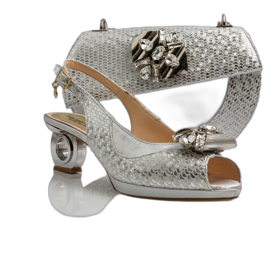 Silver Marcella Ornate Heel Shoe and Bag Set