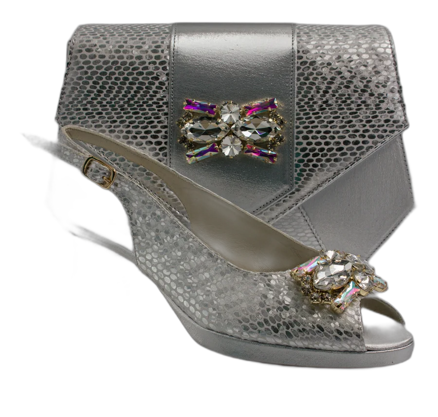 Silver Scaled Block Heel Shoe and Bag Set