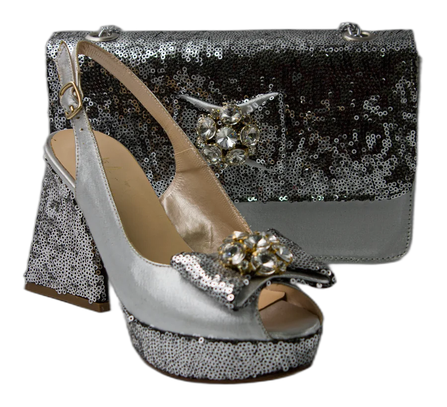 Silver Sequined Italian Shoe and Bag Set