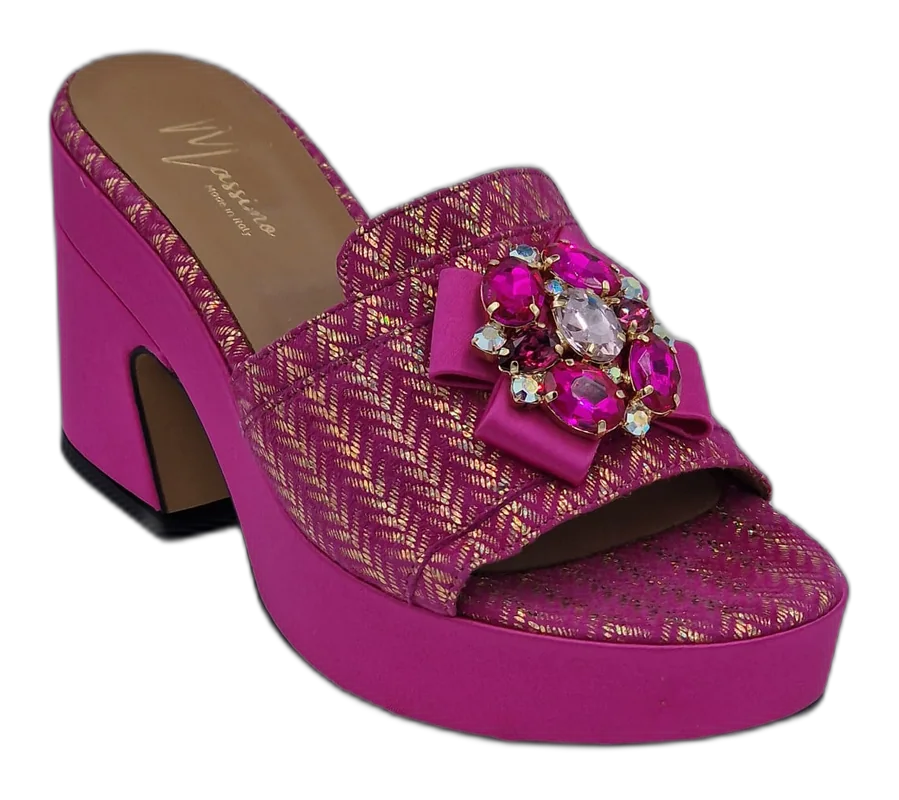 Fuchsia Pink/Gold Chevron Low Wedge Slippers